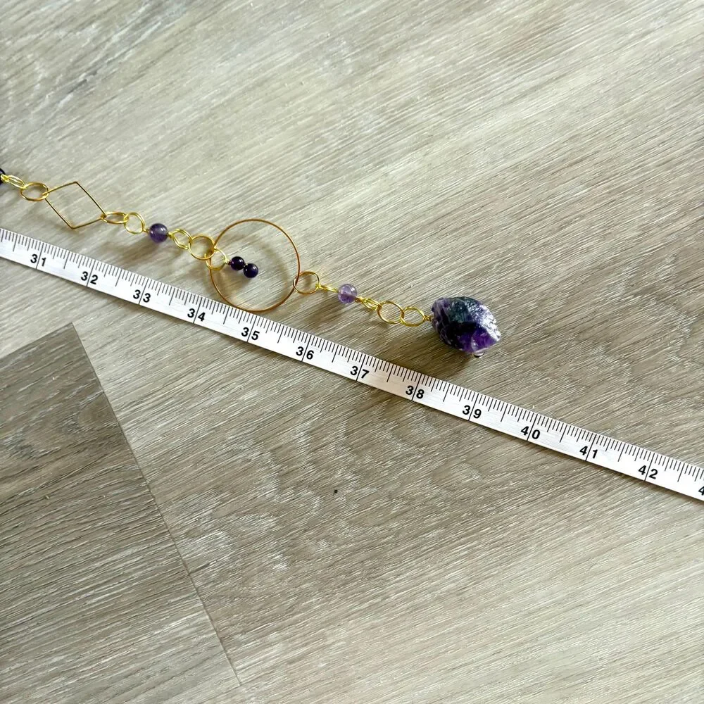 Raw Amethyst and Amethyst Bead Gemstone Wall Hanging Gold Filigree